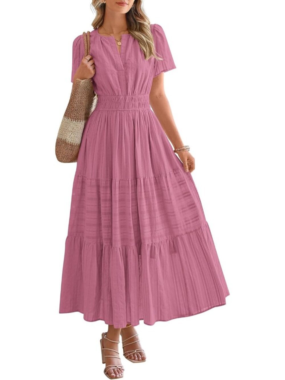 Women Dusty Pink Sleeve V Neck Elastic Waist Boho Beach Casual Midi Dresses